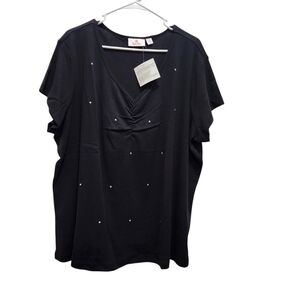 NWT Quacker Factory Black V-Neck Top with Stud Accents Plus Size 2X Vacation